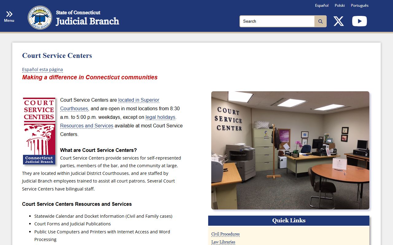 Connecticut Judicial Branch Court Service Centers page for New London County court clerk records