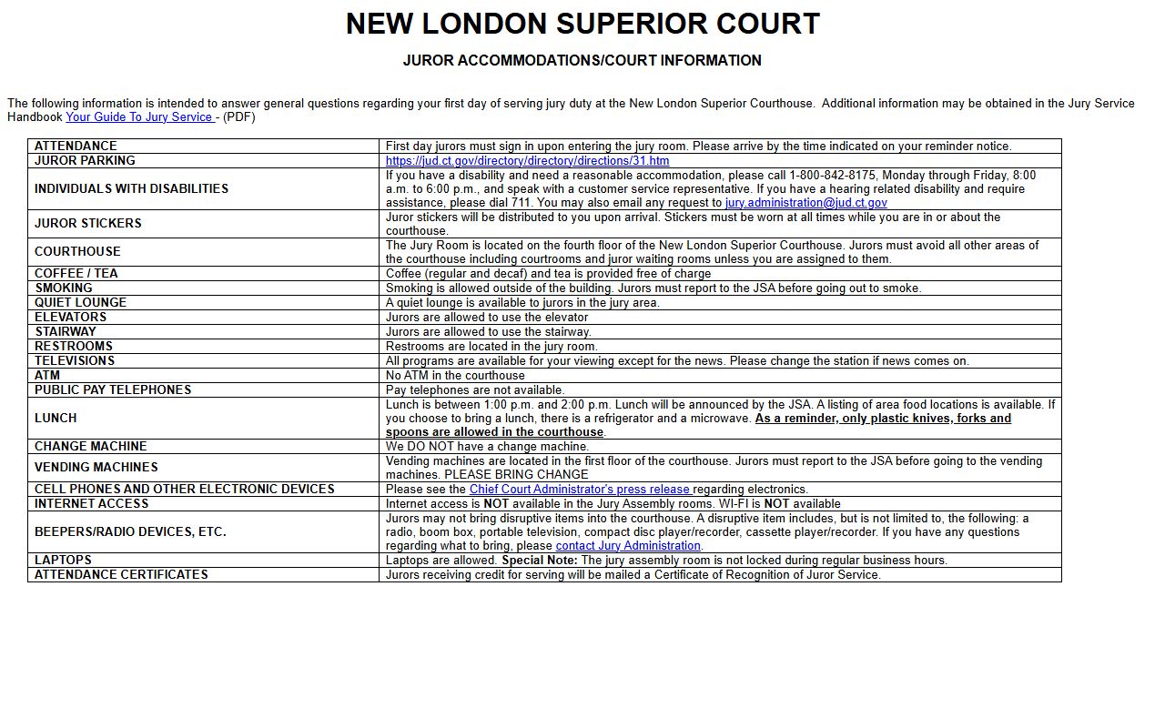 New London County courthouse clerk of court information and visitor details