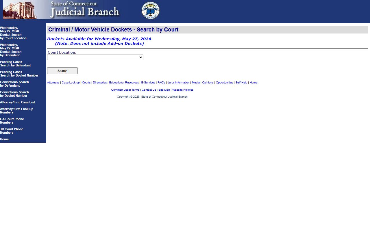 New London County court dockets daily criminal and motor vehicle search by court on the Connecticut Judicial Branch site