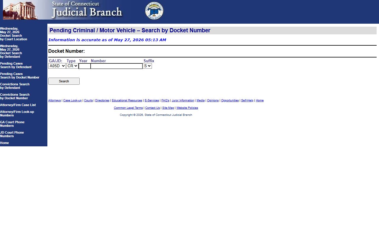 New London County court dockets pending criminal case lookup by docket number on the Connecticut Judicial Branch site
