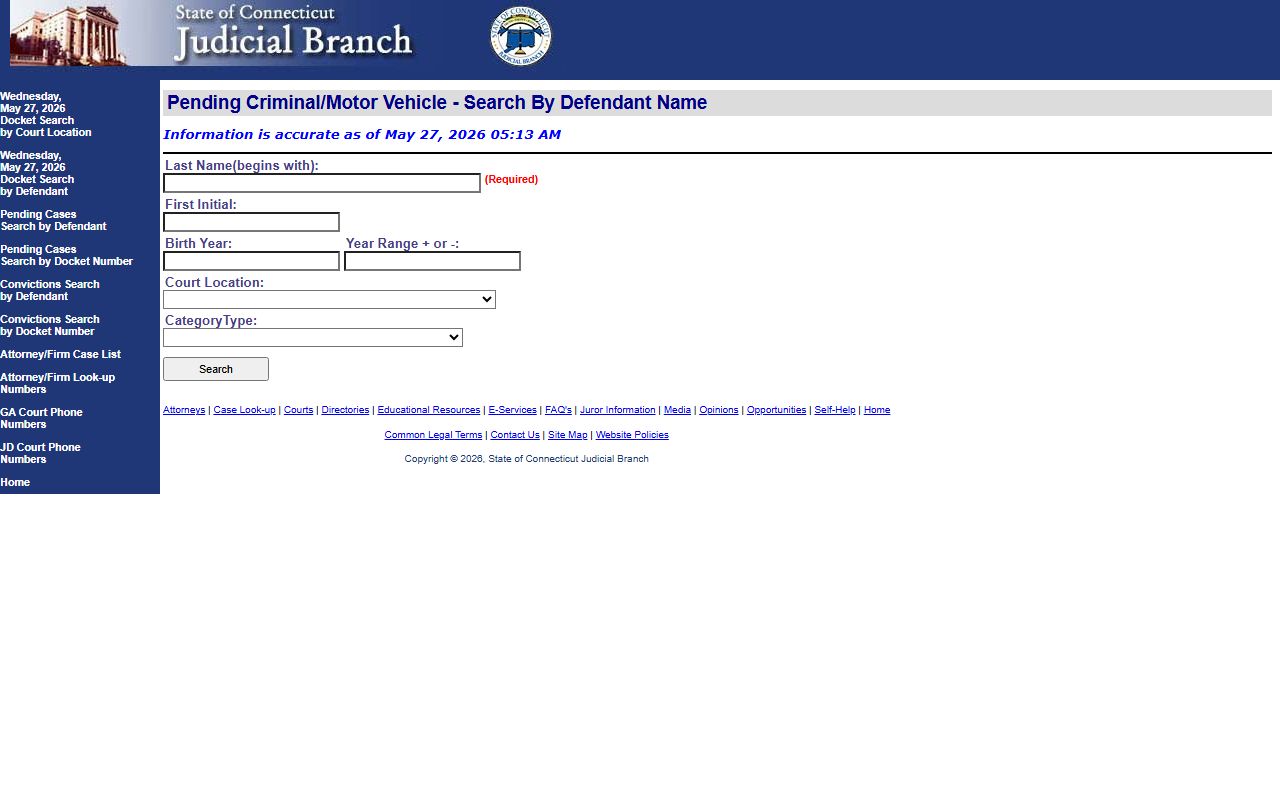 New London County court dockets pending criminal case search by defendant on the Connecticut Judicial Branch site