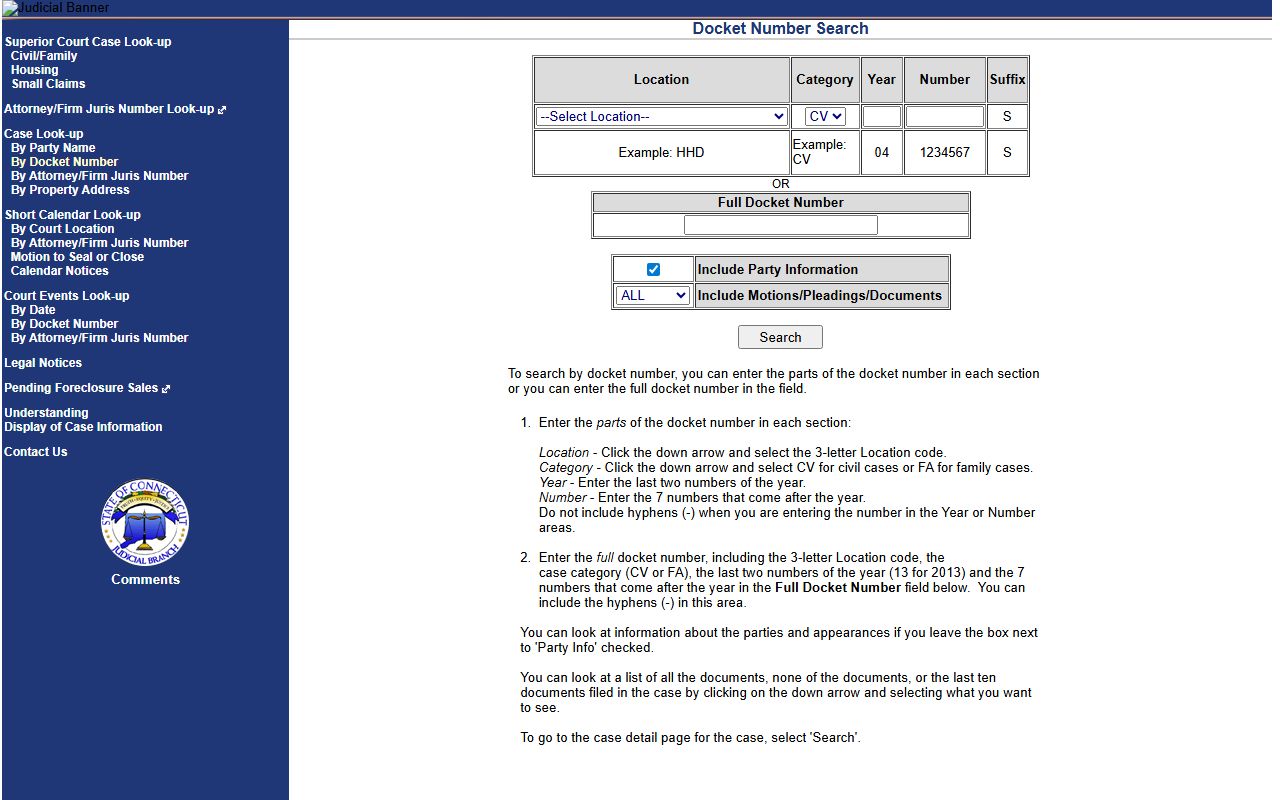 New London County court records civil docket lookup on the Connecticut Judicial Branch portal