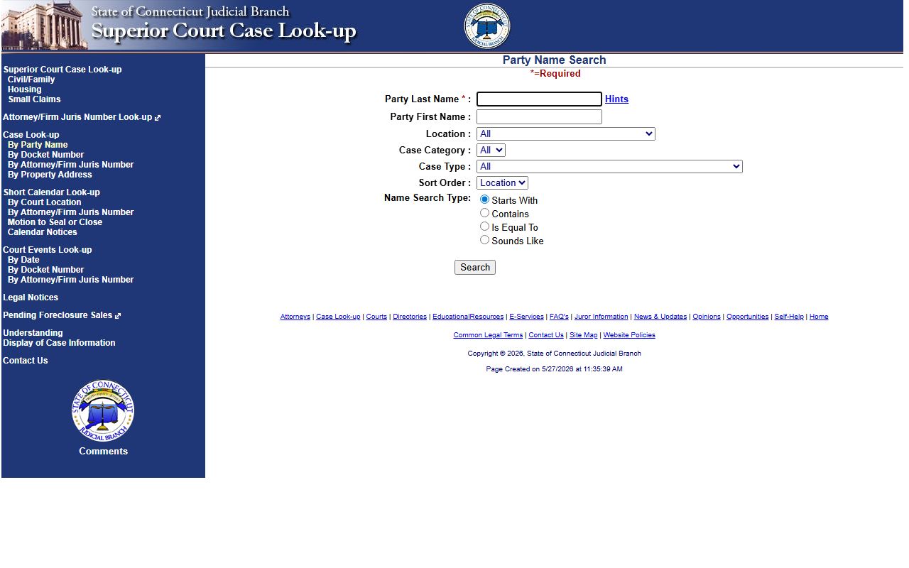 New London County court records civil party search on the Connecticut Judicial Branch portal