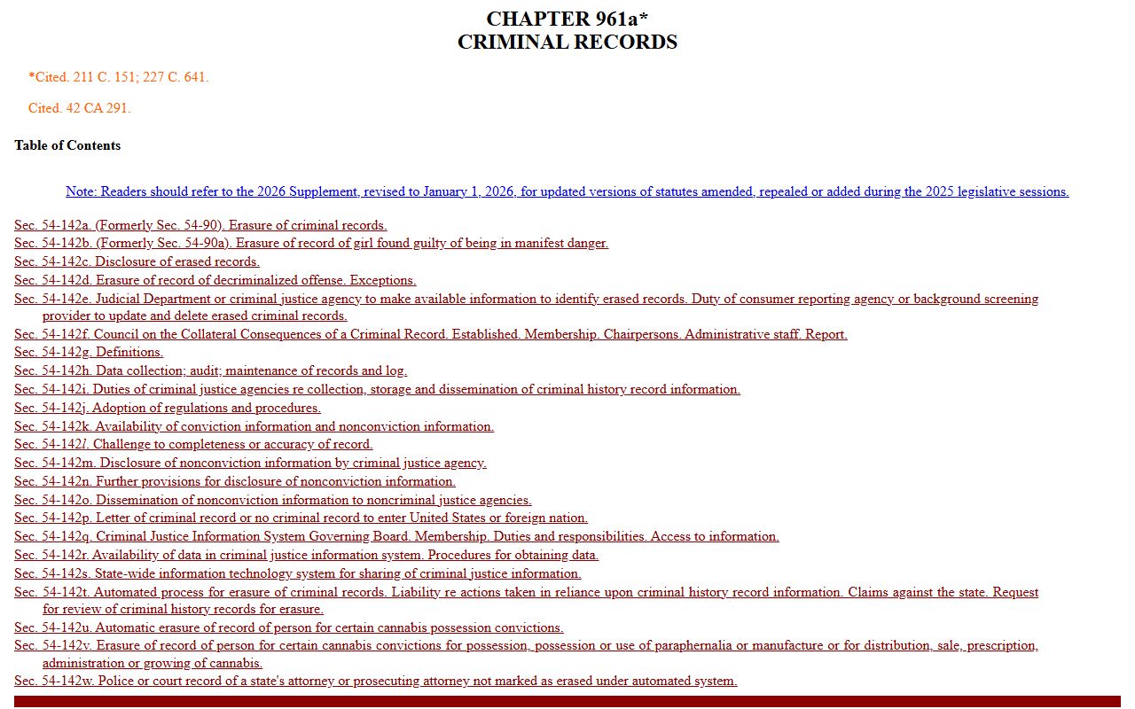Connecticut criminal records erasure statute page covering New London County arrest records rules