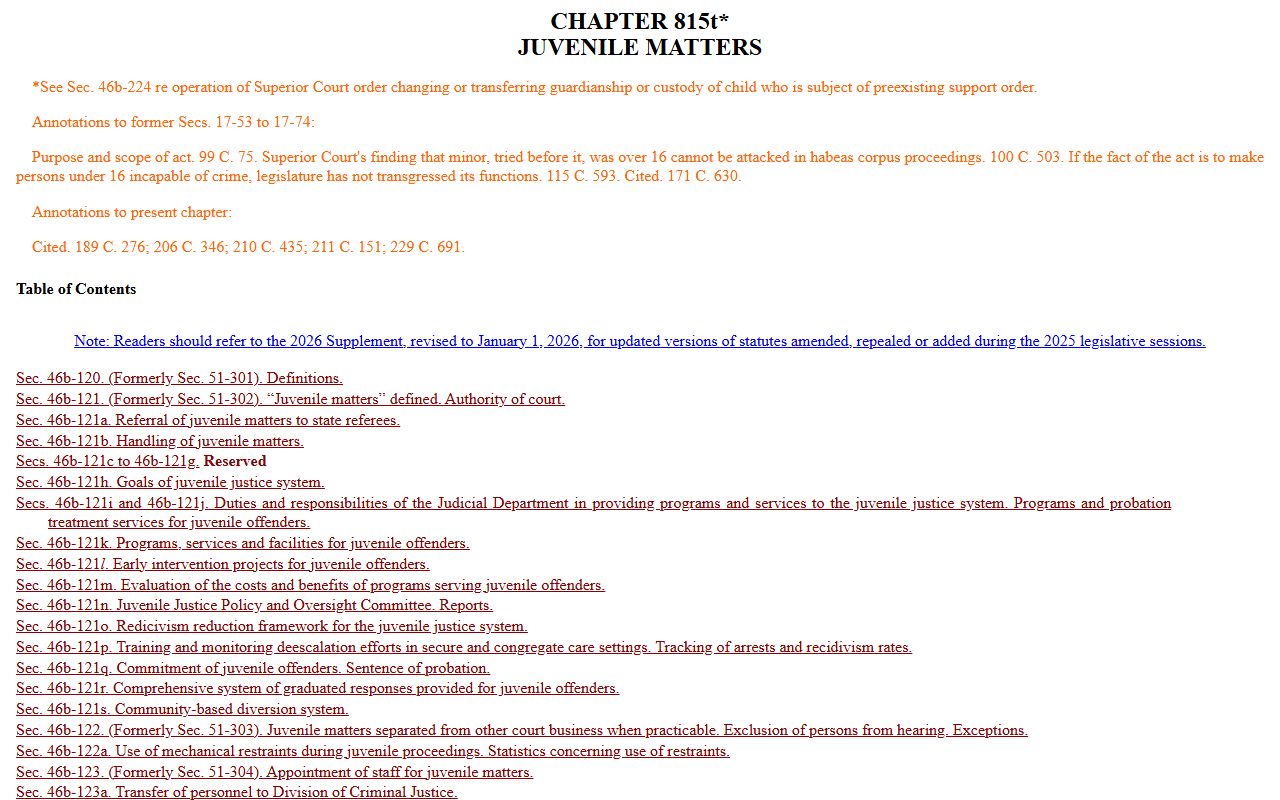 Connecticut Juvenile Matters statutes page on confidentiality of New London County juvenile arrest records