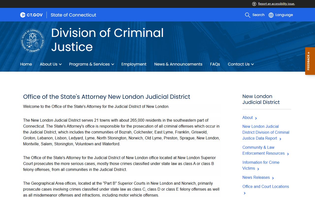 New London Judicial District State's Attorney page tied to New London County arrest records prosecution