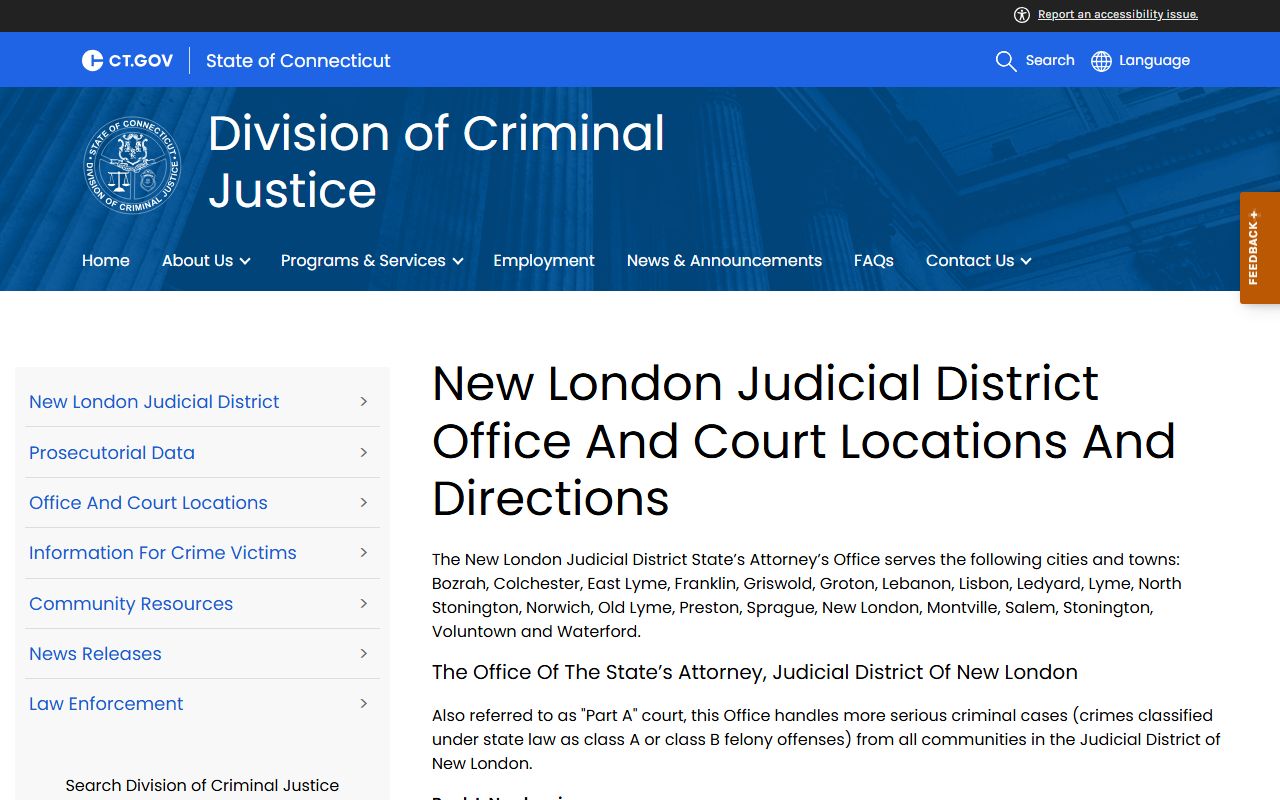 New London State's Attorney office and court locations page for New London County criminal records