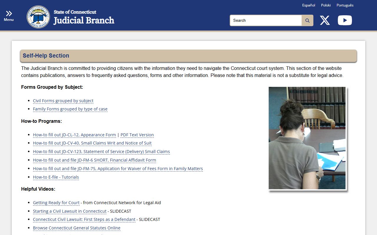 Connecticut Judicial Branch self-help page for New London County court records help