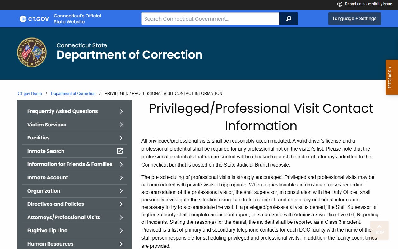 DOC professional visit contact page for New London County inmate population data