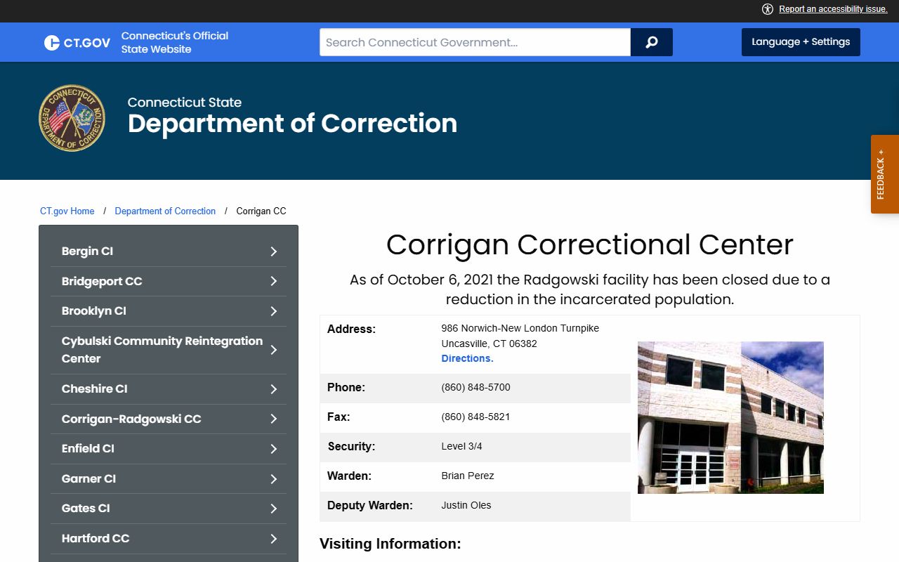 Corrigan Correctional Center page used for New London County inmate records