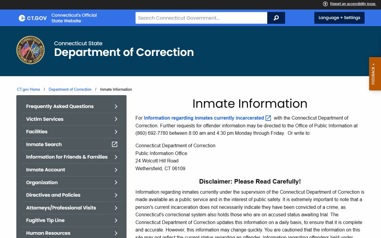 DOC inmate information page for New London County inmate records