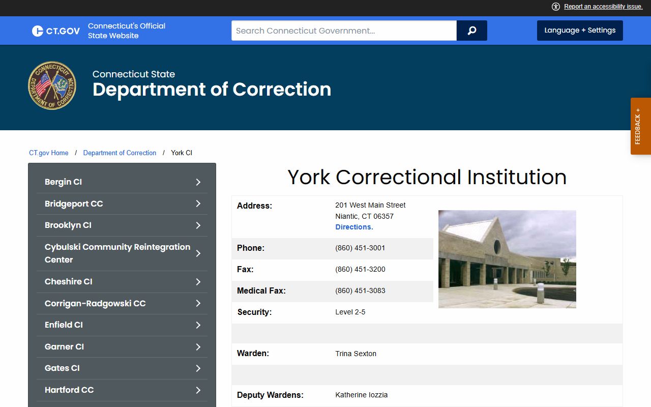 York Correctional Institution page used for New London County inmate records