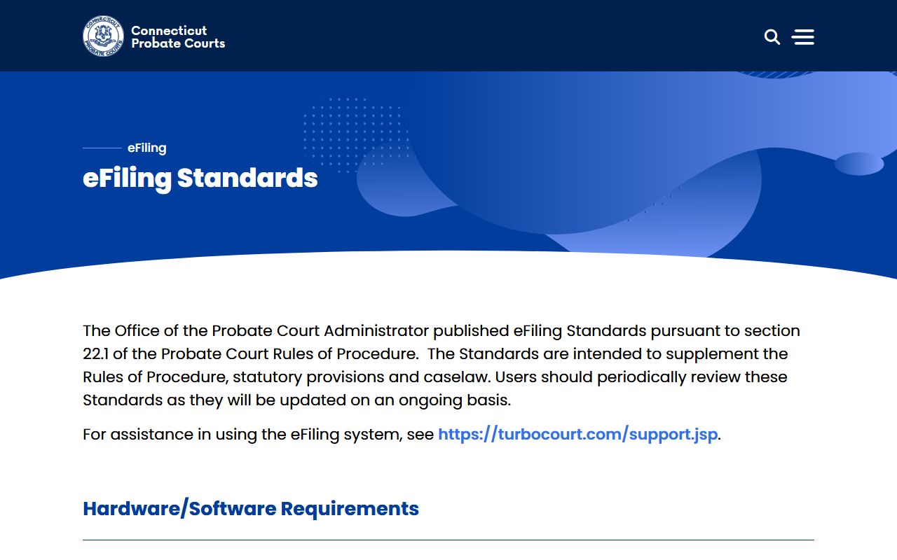 Connecticut probate eFiling standards page for New London County probate records