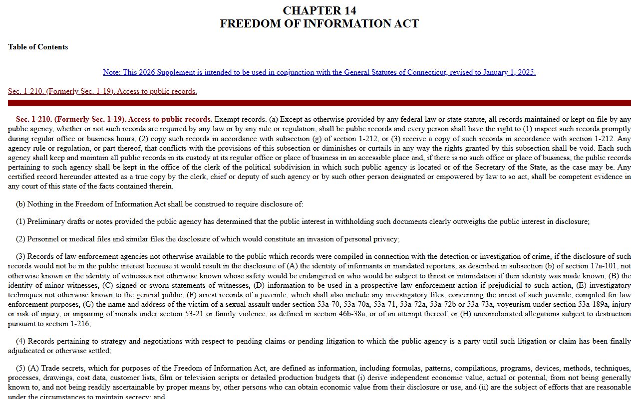 Connecticut FOIA Chapter 14 statute text for New London County public records