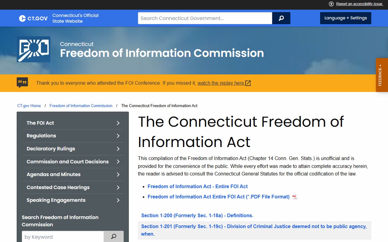 Connecticut Freedom of Information Commission FOI Act page for New London County public records