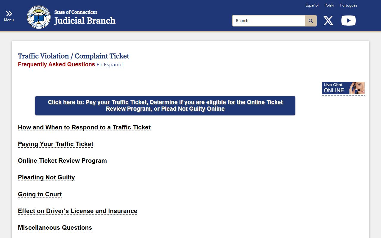 Connecticut Judicial Branch traffic ticket FAQ page for New London County traffic court records