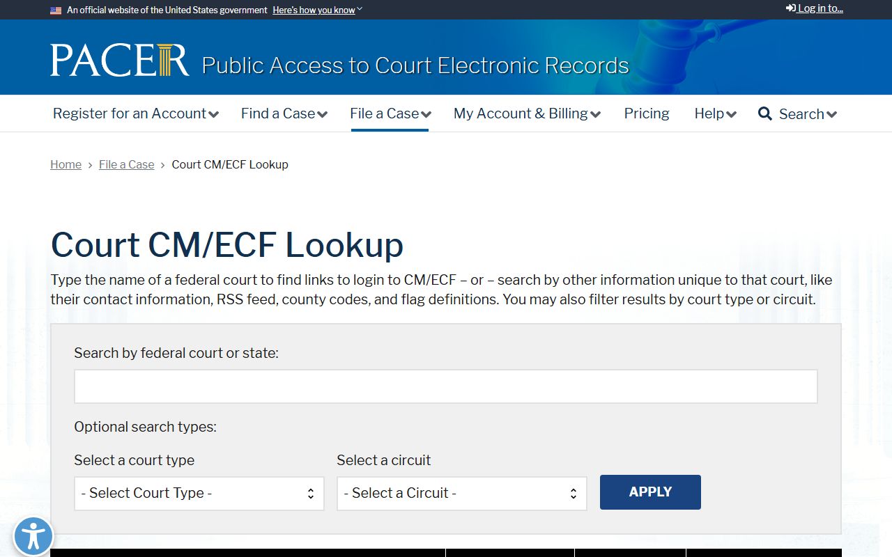 PACER court locator map page for federal records tied to New London County traffic court records