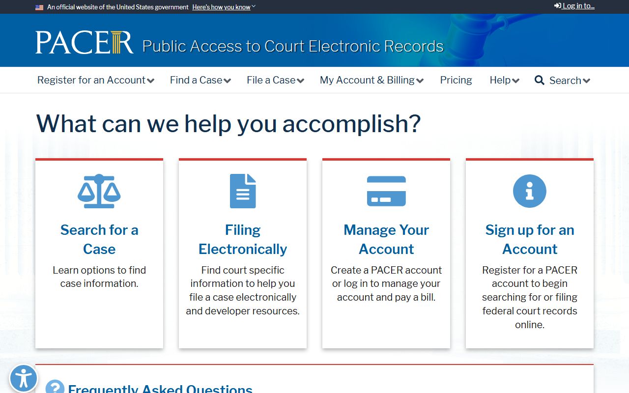 PACER public access home page for federal records related to New London County traffic court records