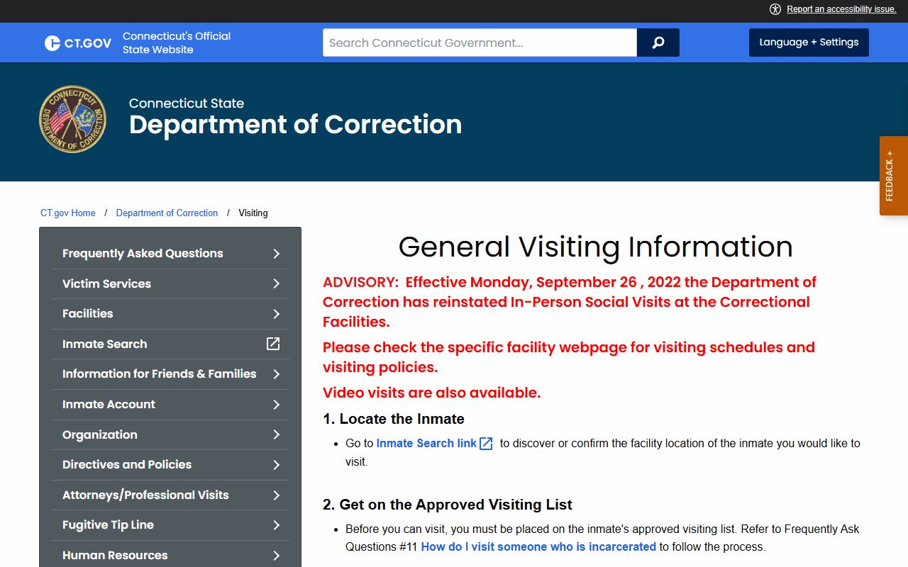 DOC visiting information page for New London County inmate records