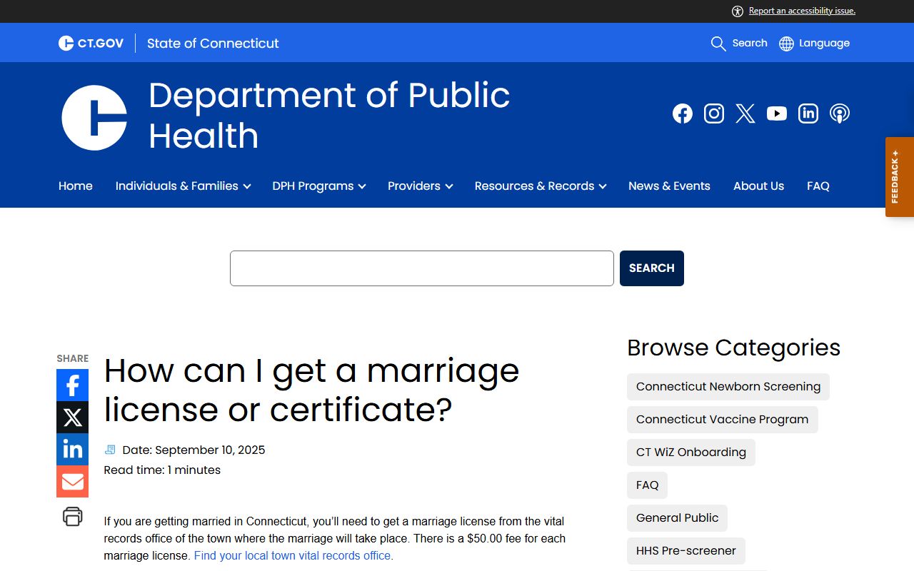 Connecticut marriage license and certificate FAQ for New London County marriage and divorce records