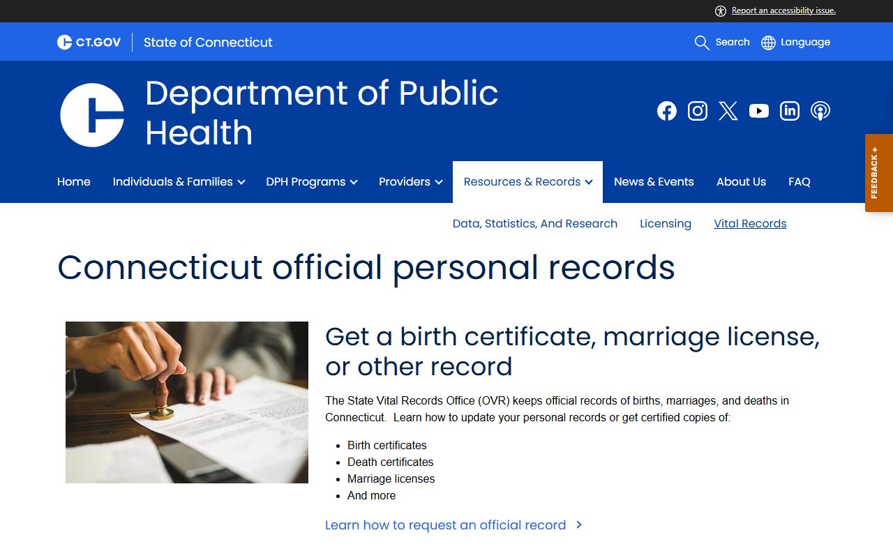 Connecticut State Vital Records Office page for New London County marriage and divorce records