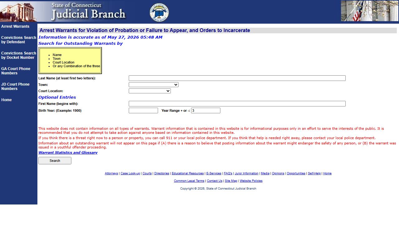 Connecticut Judicial Branch violation of probation warrant search page for New London County warrant records
