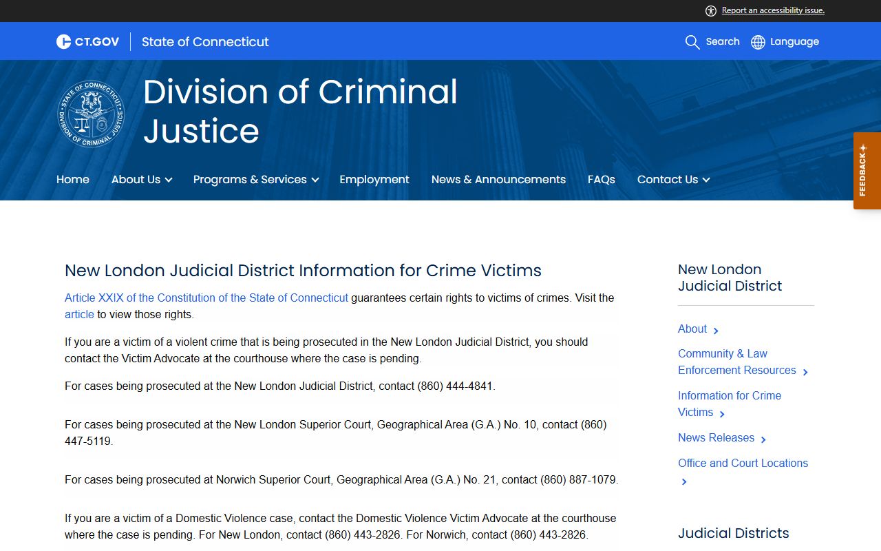 New London crime victim information page related to New London County warrant records and case updates