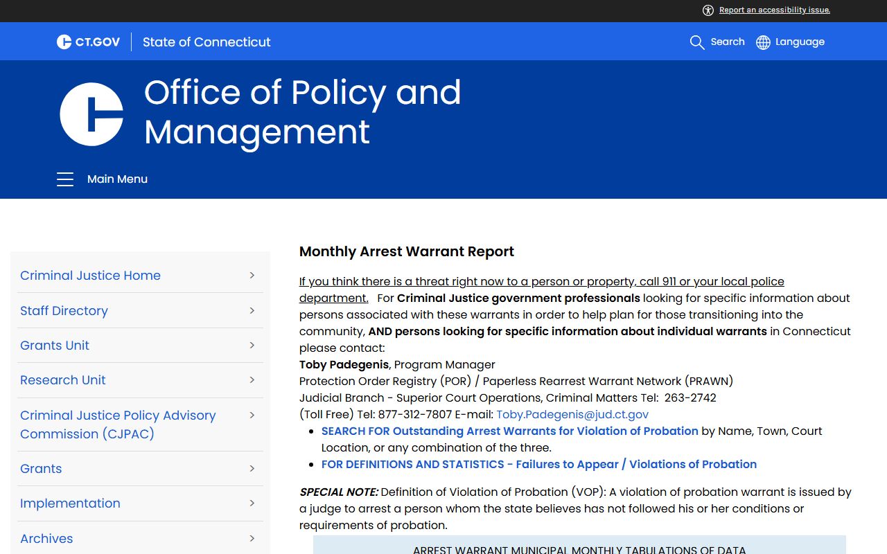 Connecticut OPM arrest warrant data page describing New London County warrant records search