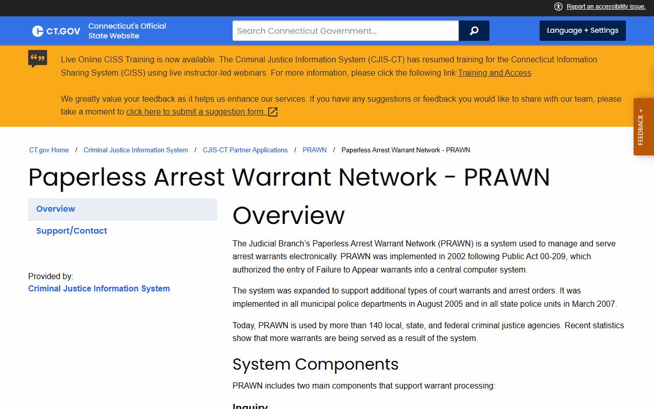 Connecticut CJIS PRAWN overview page for New London County warrant records system