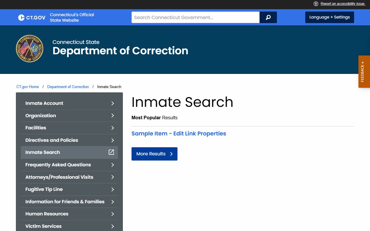 New London County inmate records search on the Connecticut DOC site