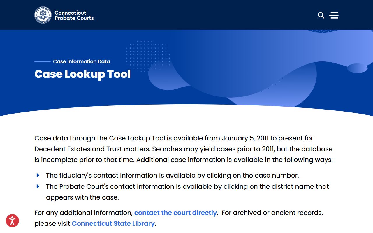 New London County probate court records case lookup search page