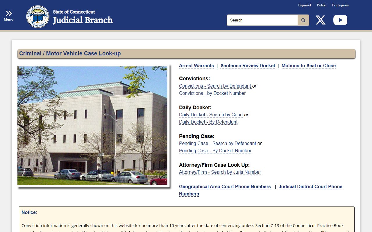 New London County criminal motor vehicle court records lookup page
