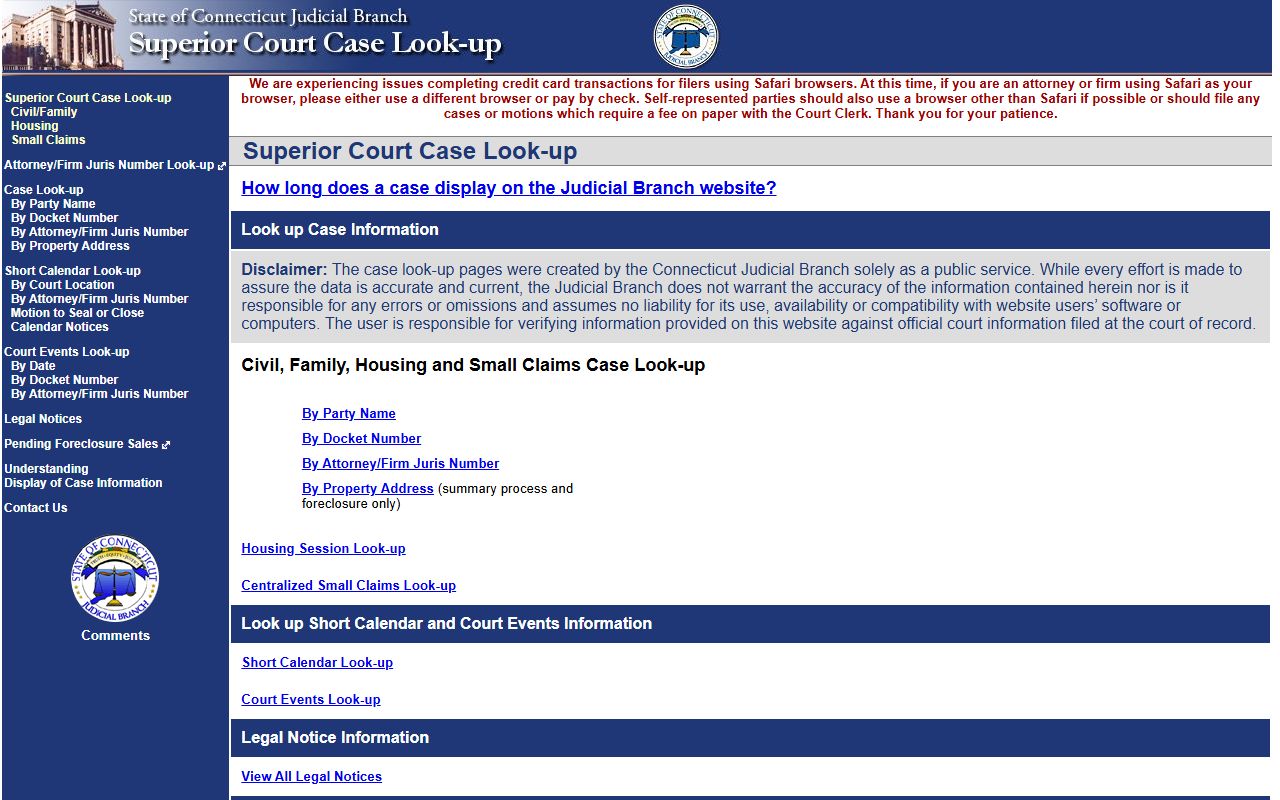 New London County Superior Court civil case records search fields